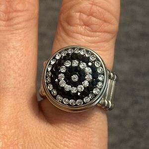 Nugz USA Silver Circle Crystal Button Top Cocktail Ring, Black & Clear, OS